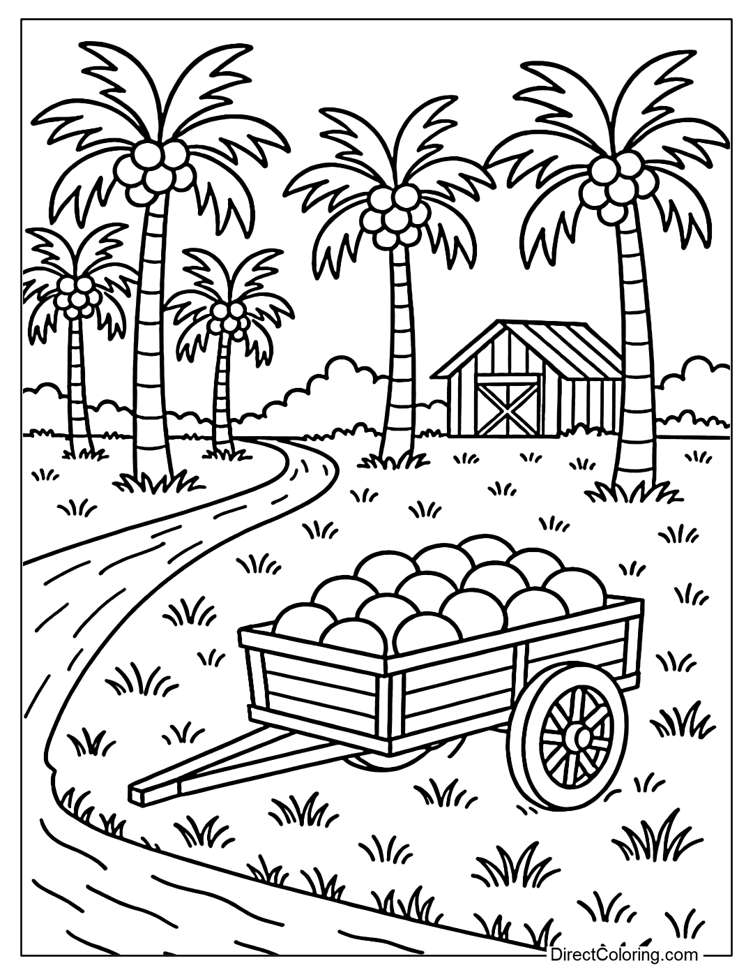 A panoramic coloring page of a large coconut garden with a ditch, a warehouse, and a coconut cart.